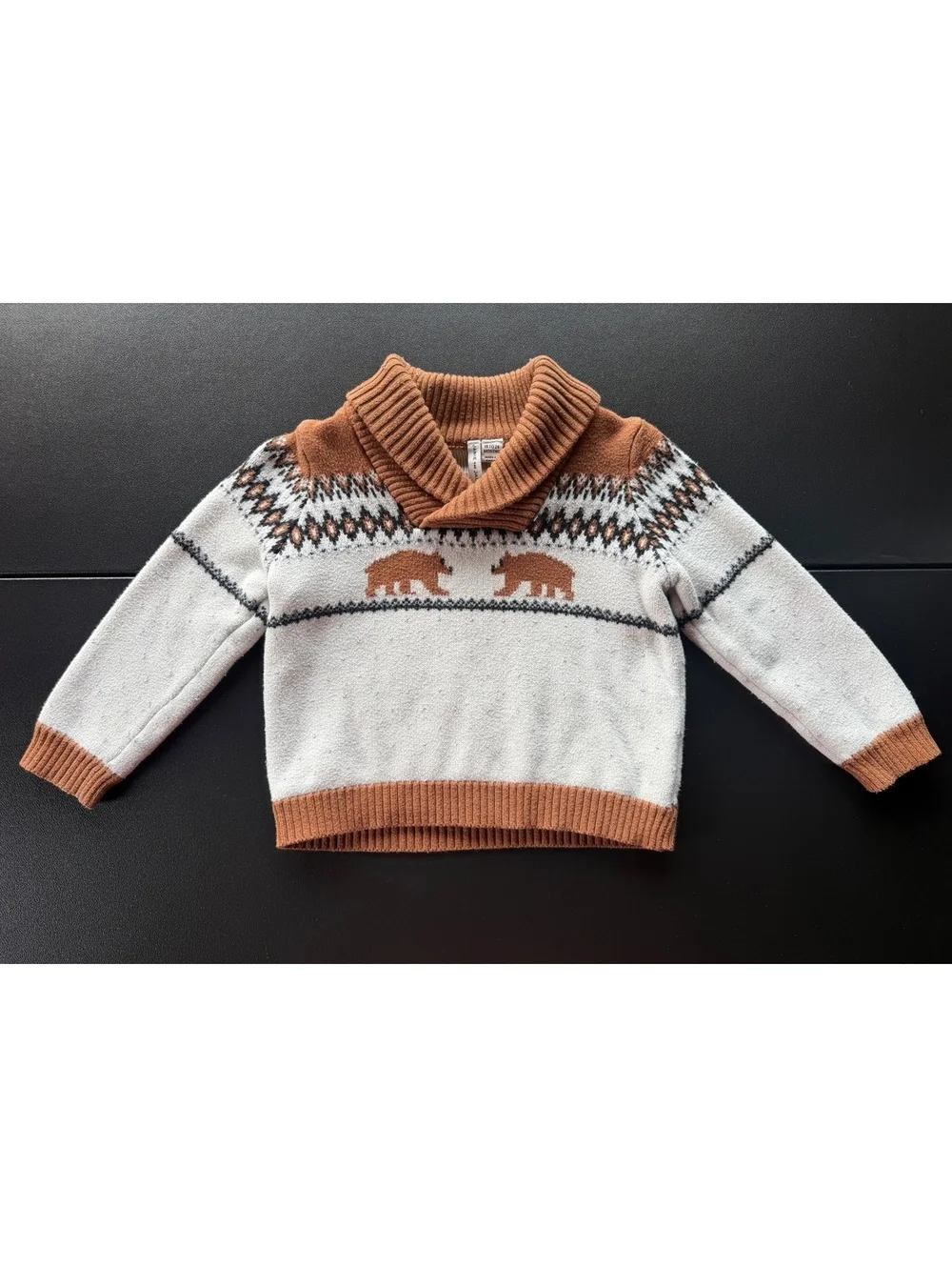 Janie and Jack Bear Fair Isle Shawl Collar Sweater 18-24M Brown Ivory